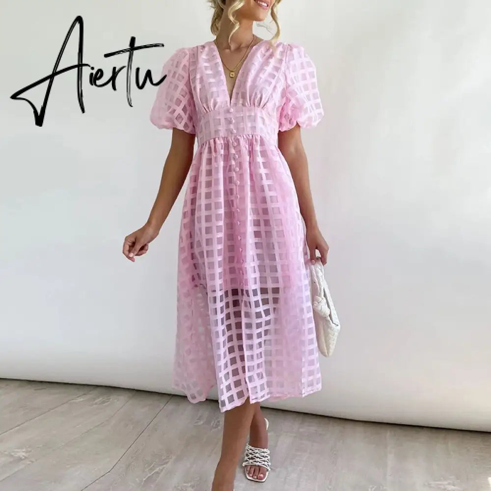 High Waist Lantern Sleeve V Neck Dress Solid Color Mesh Yarn Button Long Dress Casual Elegant Party Dresses Women Summer Vestido Aiertu