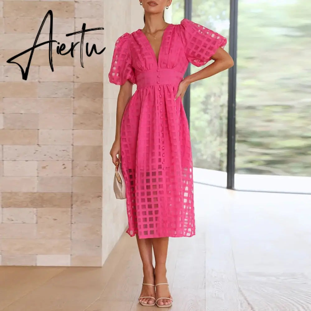 High Waist Lantern Sleeve V Neck Dress Solid Color Mesh Yarn Button Long Dress Casual Elegant Party Dresses Women Summer Vestido Aiertu