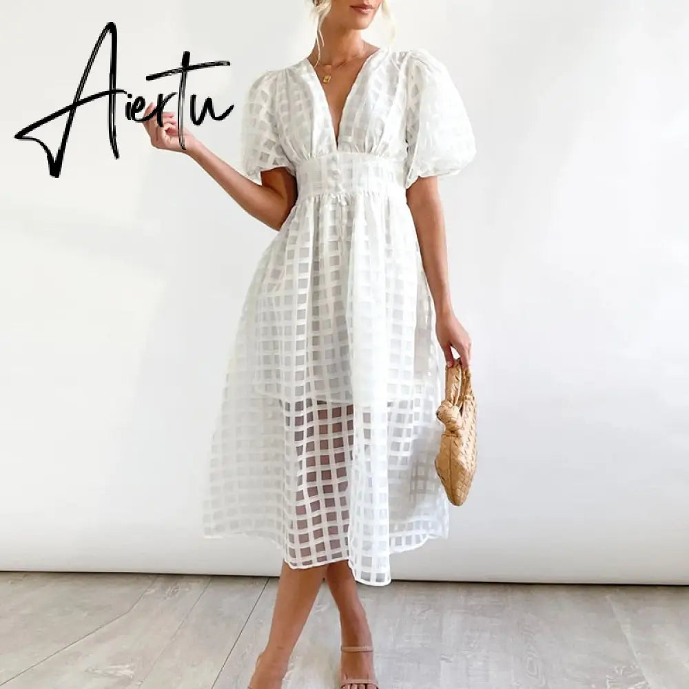 High Waist Lantern Sleeve V Neck Dress Solid Color Mesh Yarn Button Long Dress Casual Elegant Party Dresses Women Summer Vestido Aiertu