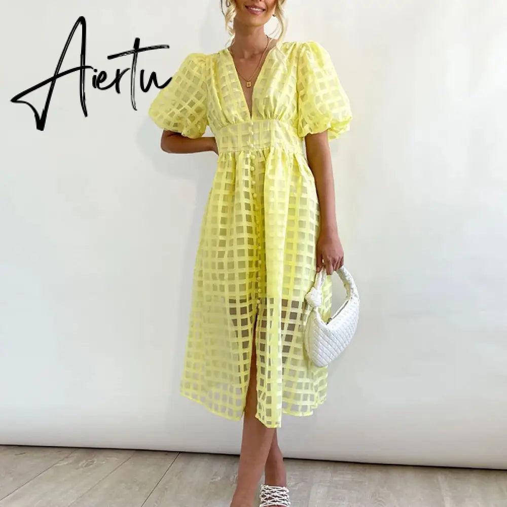 High Waist Lantern Sleeve V Neck Dress Solid Color Mesh Yarn Button Long Dress Casual Elegant Party Dresses Women Summer Vestido Aiertu