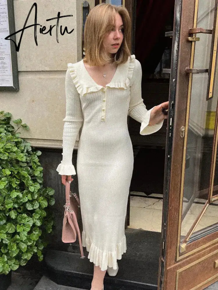 High Waist Ruffled Maxi Dresses For Women Autumn Winter Knitted Slim Long Dress Women's Vintage Dress Woman Retro Elegant Aiertu