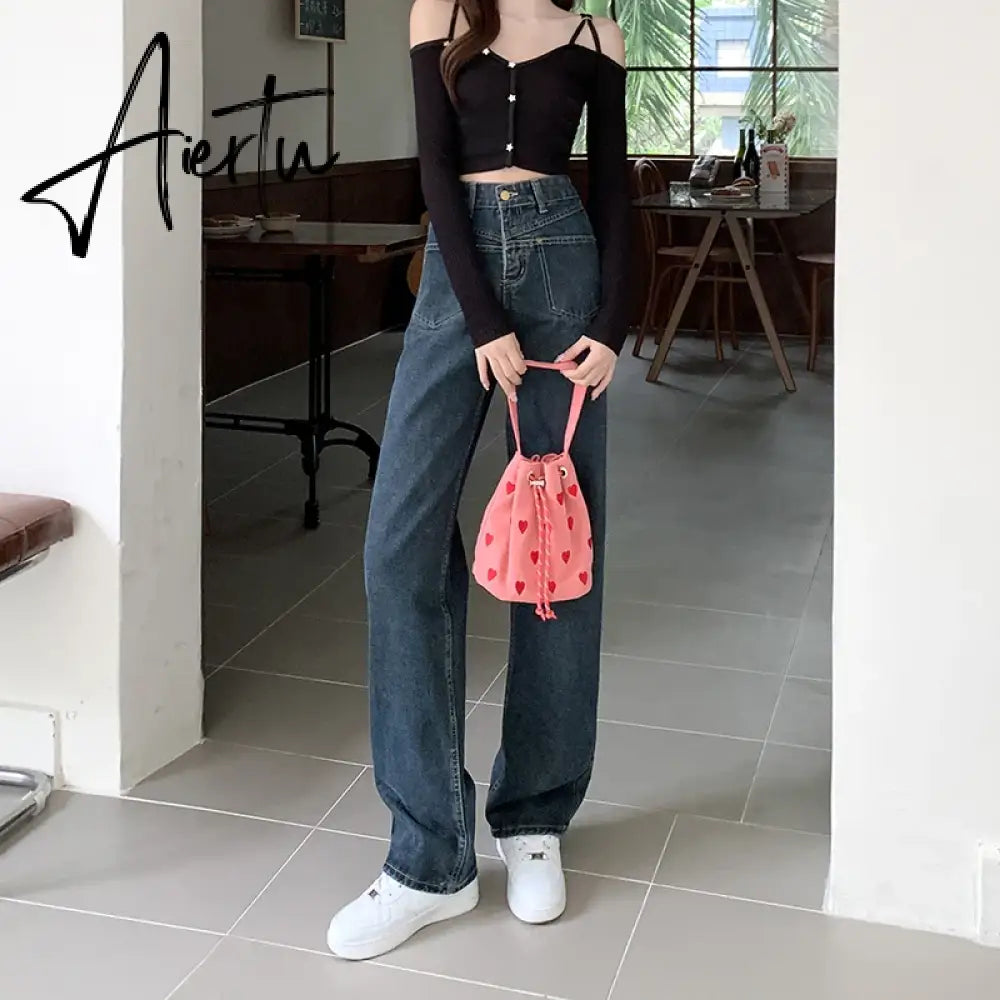 High Waist Wide Leg Jeans for Women Korean New High Street Loose Trousers Blue-gray Straight Denim Pants Women S-XL Aiertu