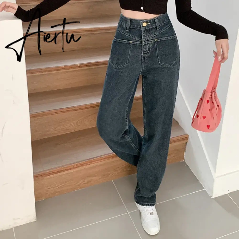 High Waist Wide Leg Jeans for Women Korean New High Street Loose Trousers Blue-gray Straight Denim Pants Women S-XL Aiertu