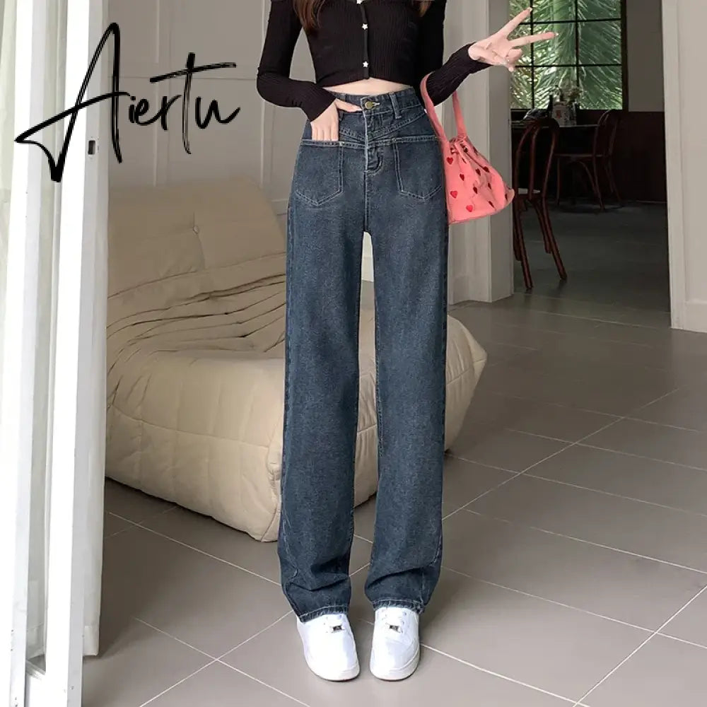 High Waist Wide Leg Jeans for Women Korean New High Street Loose Trousers Blue-gray Straight Denim Pants Women S-XL Aiertu