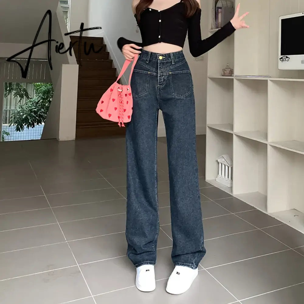 High Waist Wide Leg Jeans for Women Korean New High Street Loose Trousers Blue-gray Straight Denim Pants Women S-XL Aiertu