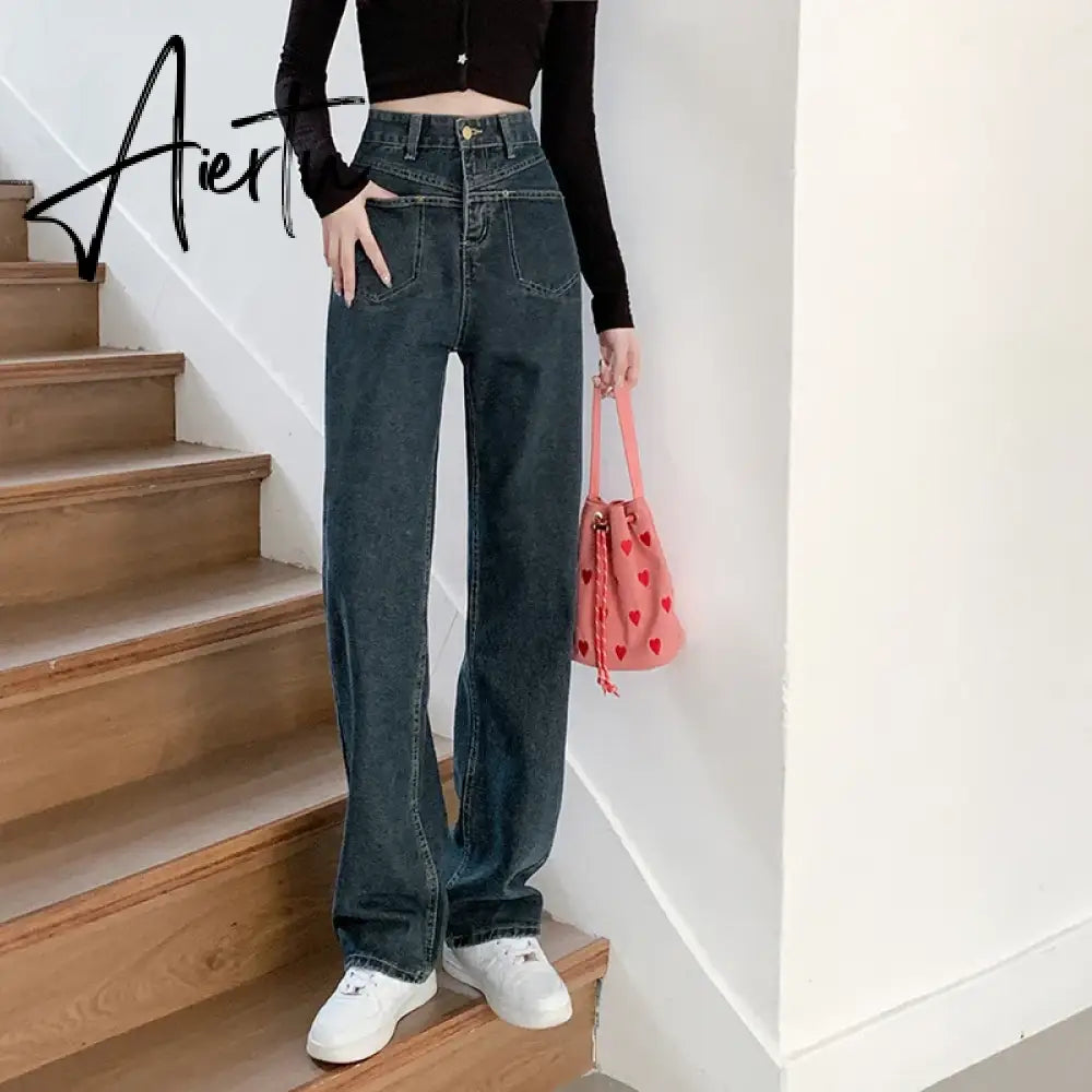 High Waist Wide Leg Jeans for Women Korean New High Street Loose Trousers Blue-gray Straight Denim Pants Women S-XL Aiertu