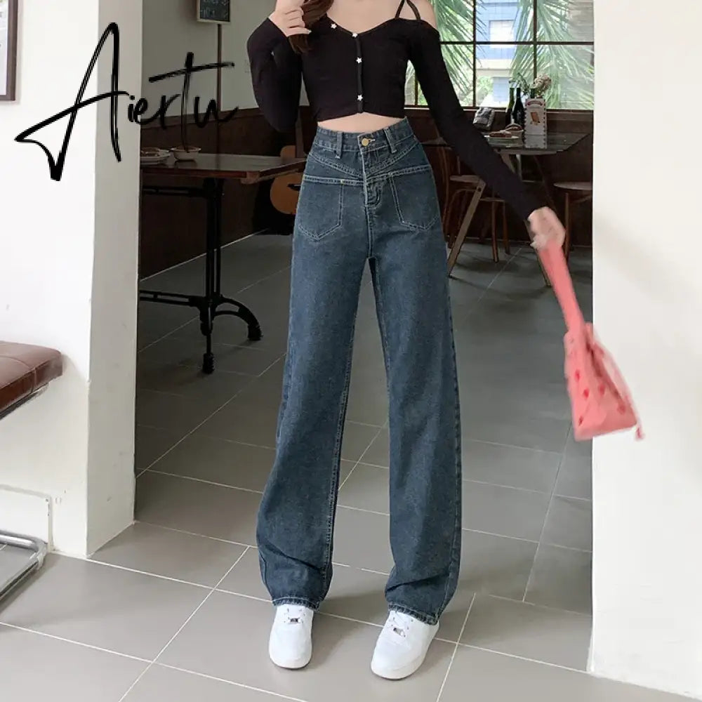 High Waist Wide Leg Jeans for Women Korean New High Street Loose Trousers Blue-gray Straight Denim Pants Women S-XL Aiertu