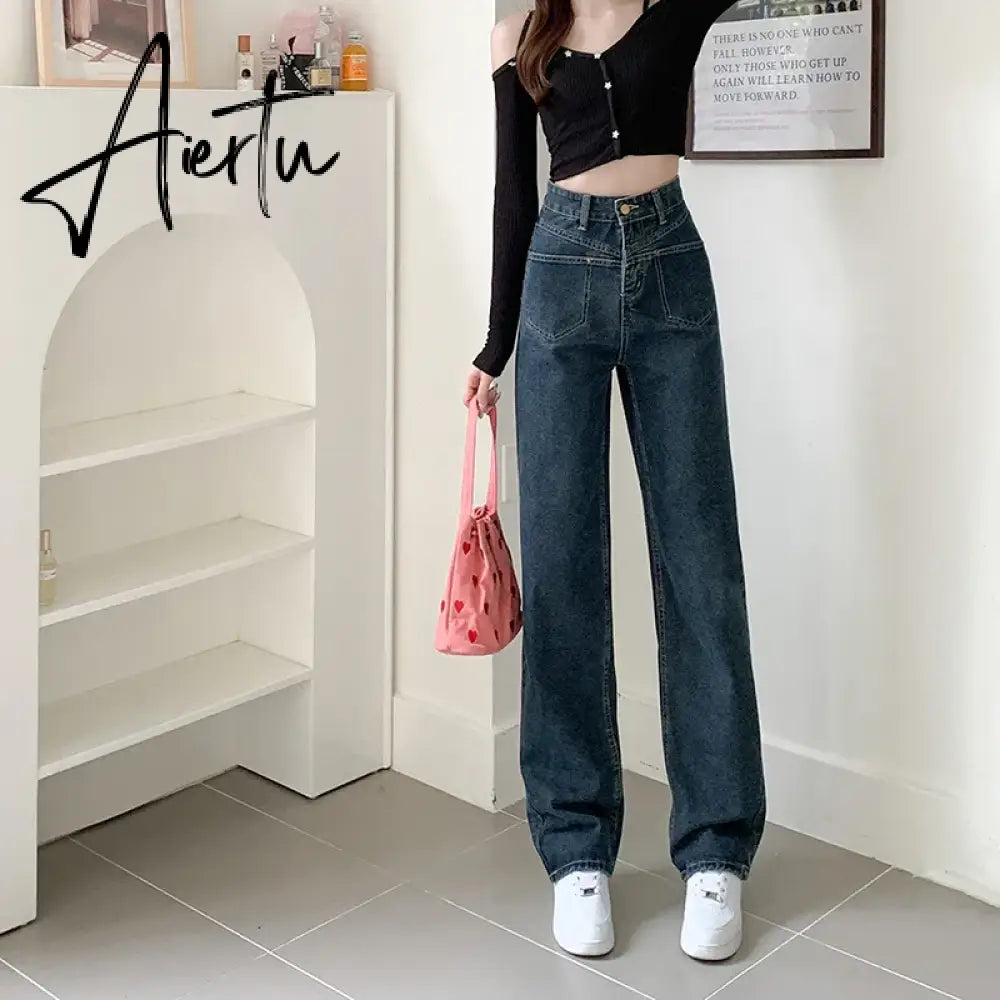 High Waist Wide Leg Jeans for Women Korean New High Street Loose Trousers Blue-gray Straight Denim Pants Women S-XL Aiertu