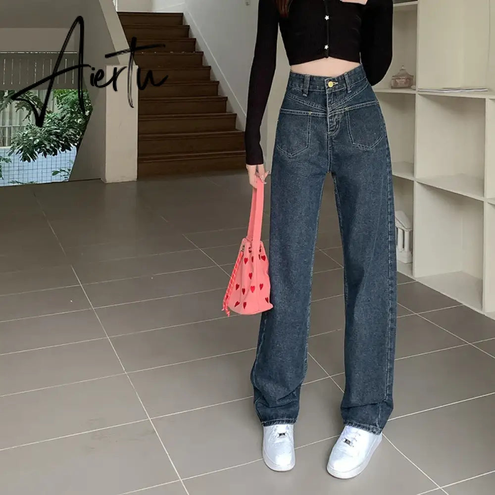 High Waist Wide Leg Jeans for Women Korean New High Street Loose Trousers Blue-gray Straight Denim Pants Women S-XL Aiertu