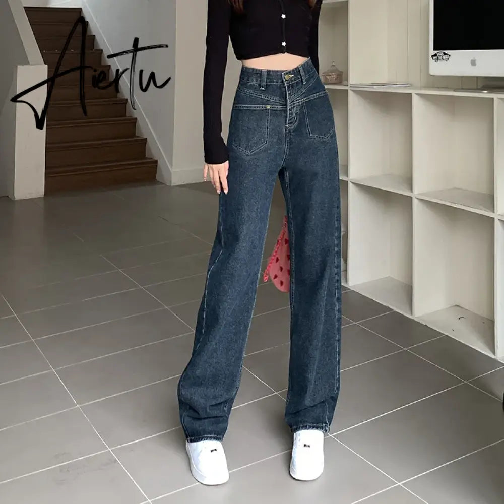 High Waist Wide Leg Jeans for Women Korean New High Street Loose Trousers Blue-gray Straight Denim Pants Women S-XL Aiertu