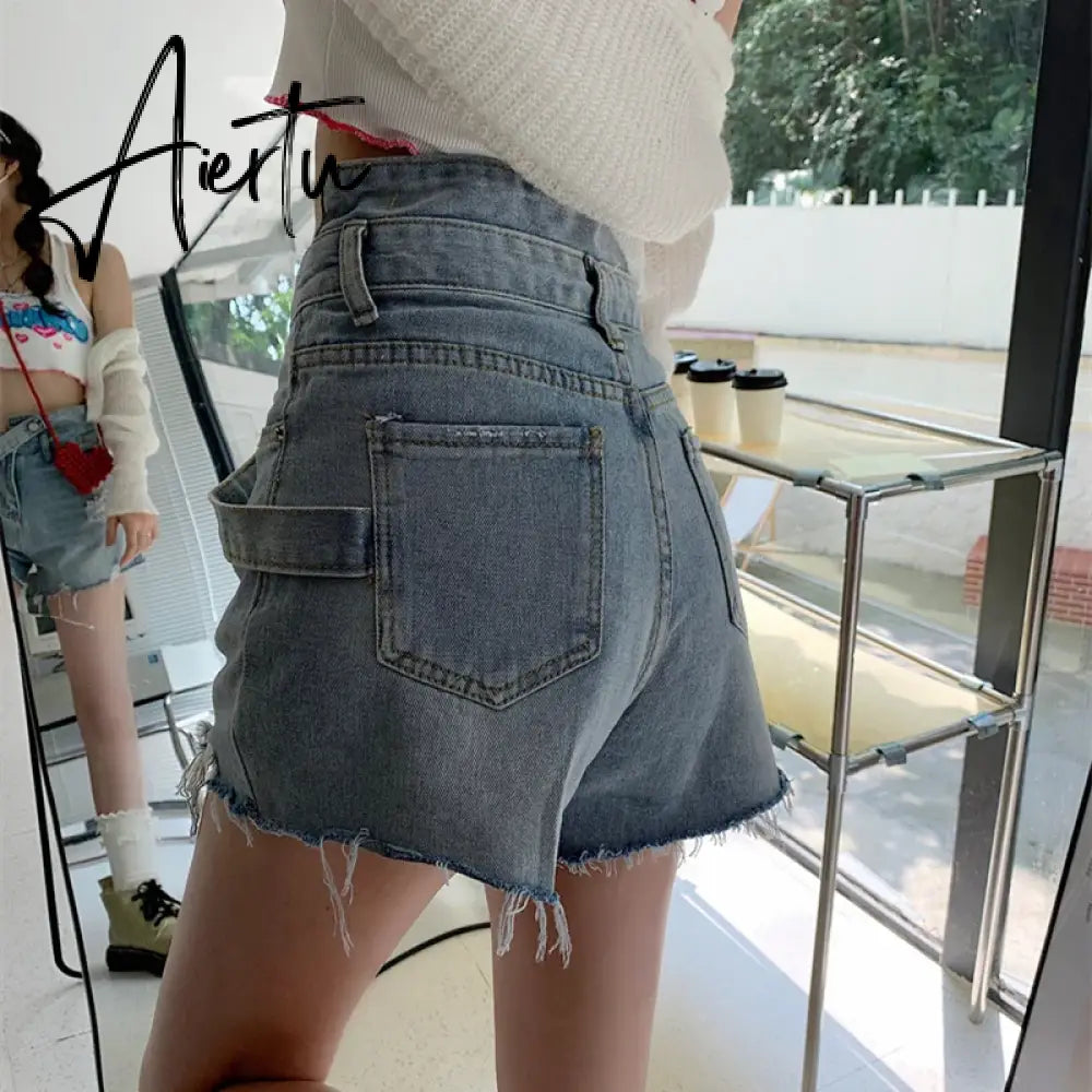 High Waist Women Shorts Jeans Streetwear Korean Fashion Hot Pants Baggy Summer Casual Sense Of Design Straight Denim Shorts Aiertu