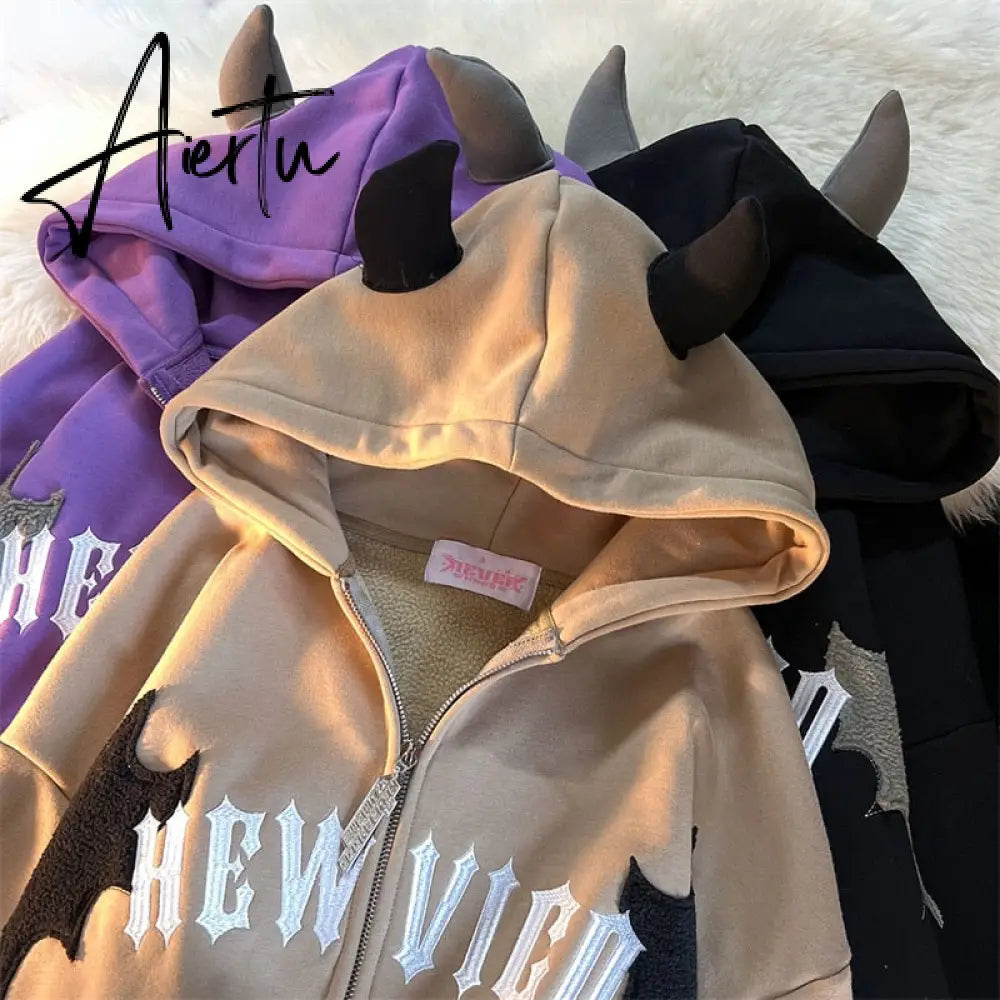 Hip Hop Dark Bat Wing Devil Horn Gothic Zip Up Hoodie Jacket Men Women Oversized Sweatshirt Kawaii Clothes Harajuku Winter Y2K Aiertu