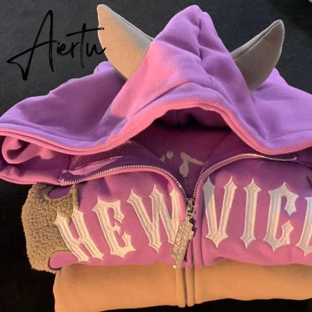 Hip Hop Dark Bat Wing Devil Horn Gothic Zip Up Hoodie Jacket Men Women Oversized Sweatshirt Kawaii Clothes Harajuku Winter Y2K Aiertu