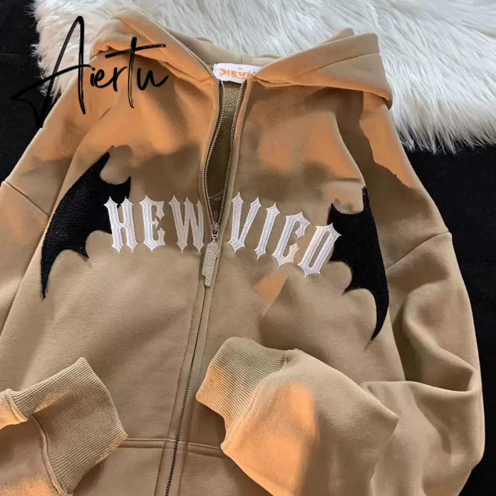 Hip Hop Dark Bat Wing Devil Horn Gothic Zip Up Hoodie Jacket Men Women Oversized Sweatshirt Kawaii Clothes Harajuku Winter Y2K Aiertu