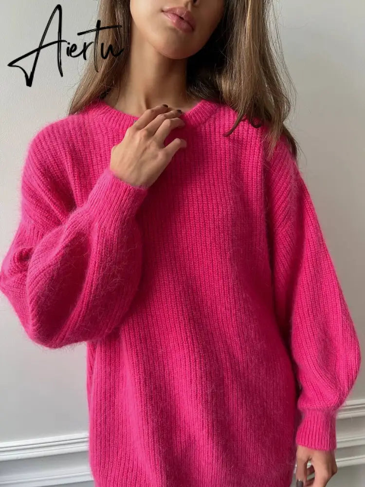 Hirsionsan Soft Warm Knitted Cashmere Sweaters Women  New Winter Loose Solid Female Pullovers Basic Knitwear Jumper  12color Aiertu