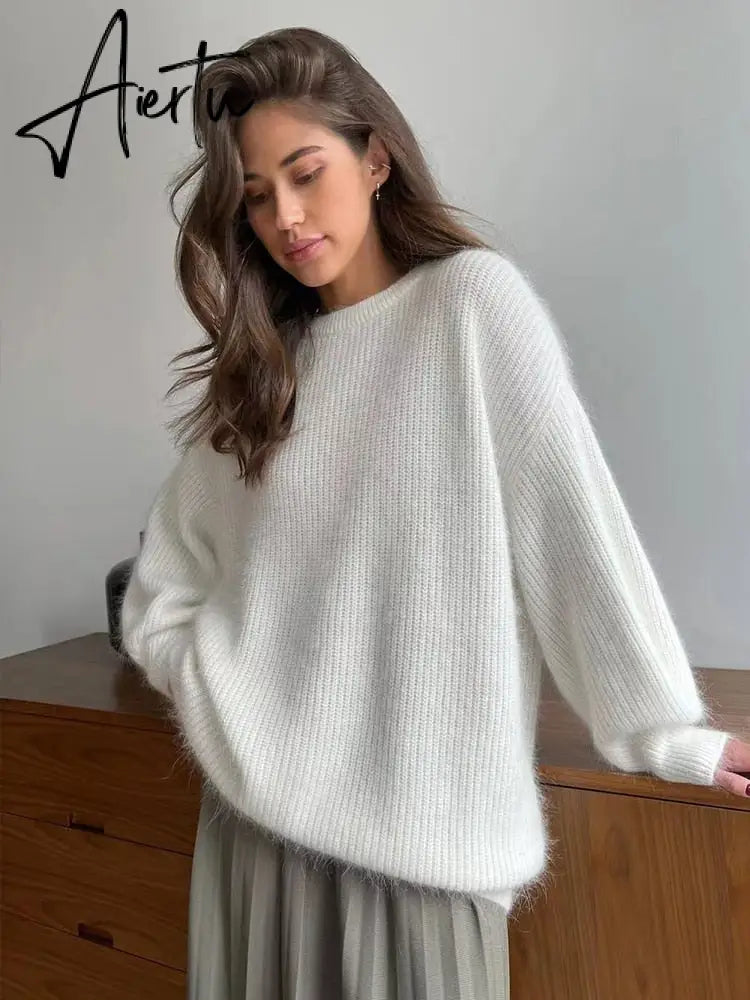 Hirsionsan Soft Warm Knitted Cashmere Sweaters Women  New Winter Loose Solid Female Pullovers Basic Knitwear Jumper  12color Aiertu