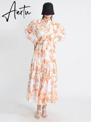 Hit Color Print Folds Dresses For Women Stand Collar Lantern Sleeve High Waist Elegant Dress Female Fashion Clothes Aiertu