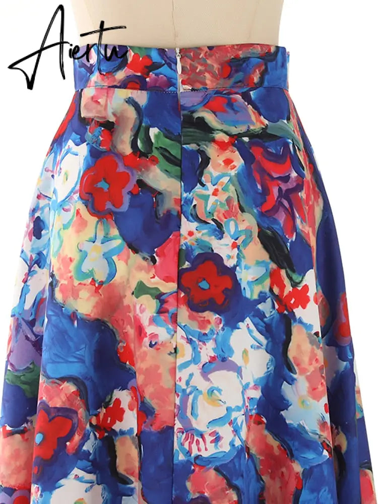 Hit Color Print Skirts For Women High Waist A Line Patchwork Zipper Summer Skirt Female Fashion Style Clothing Aiertu