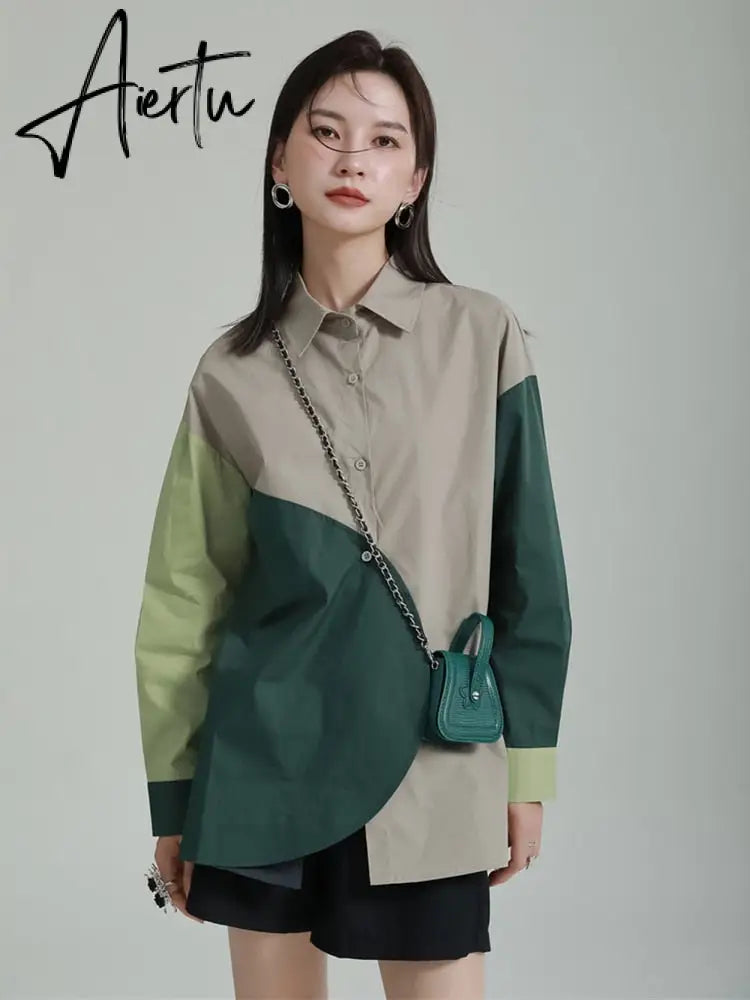 Hit Color Shirts For Women Lapel Long Sleeve Spliced Single Breasted Loose Casual Blouse Female Fashion Clothing Aiertu