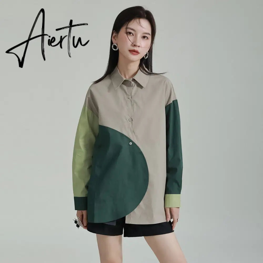 Hit Color Shirts For Women Lapel Long Sleeve Spliced Single Breasted Loose Casual Blouse Female Fashion Clothing Aiertu