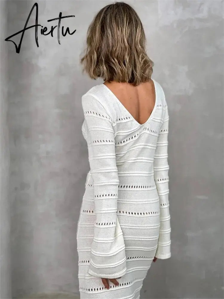 Hollow Out Bodycon Knit Dress Female Patchwork Solid High Waist Long Sleeve Fashion Knitwear Party Dress Gown Streetwear Aiertu