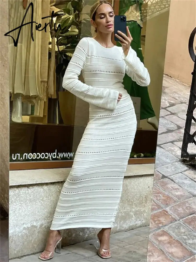 Hollow Out Bodycon Knit Dress Female Patchwork Solid High Waist Long Sleeve Fashion Knitwear Party Dress Gown Streetwear Aiertu