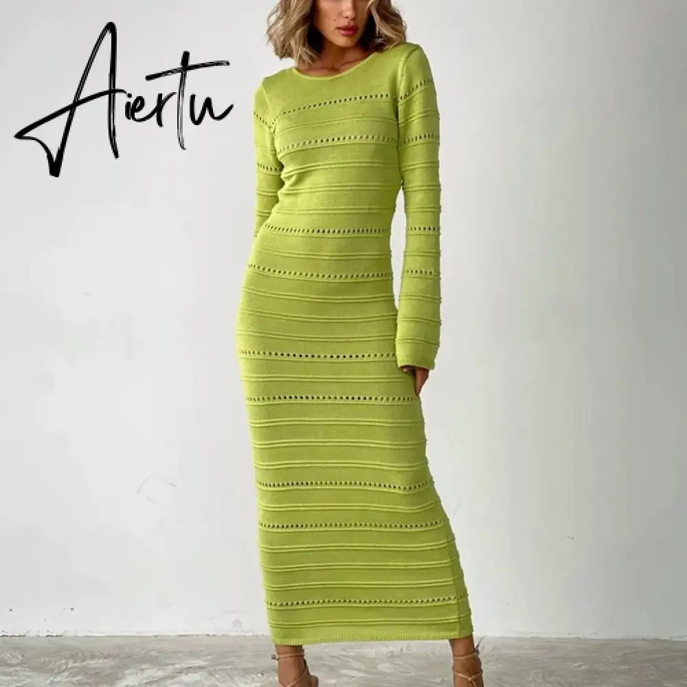 Hollow Out Bodycon Knit Dress Female Patchwork Solid High Waist Long Sleeve Fashion Knitwear Party Dress Gown Streetwear Aiertu