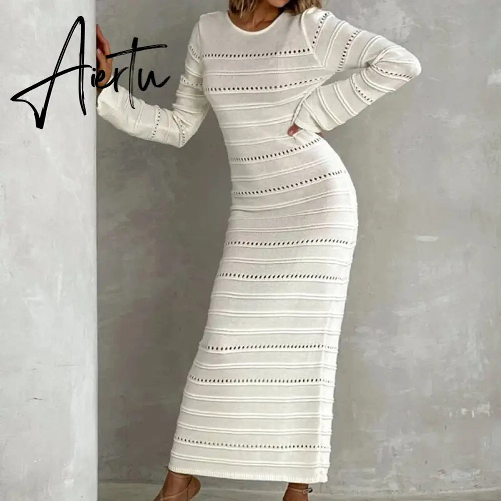Hollow Out Bodycon Knit Dress Female Patchwork Solid High Waist Long Sleeve Fashion Knitwear Party Dress Gown Streetwear Aiertu
