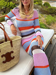 Hollow Out Knit Crochet Beach Long Dress Casual Holiday Party Wear Striped Long Sleeve Round Neck Wrap Dress Women Aiertu