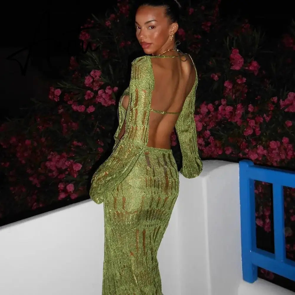 Hollow Out Knitted Open Back Maxi Dresses Party Club Rave Festival Outfits Women Elegant Long Sleeve Sheer Dresses Aiertu