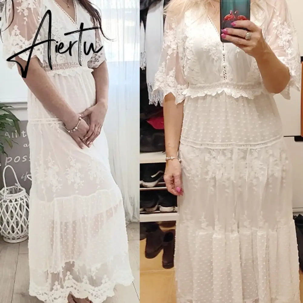Hollow Out White Dress Sexy Women Long Lace Dress Cross Semi-Sheer Plunge V-Neck Short Sleeve Lace Maxi Dress Aiertu