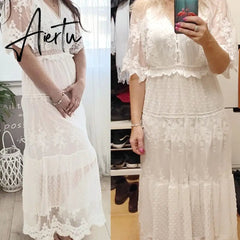 Hollow Out White Dress Sexy Women Long Lace Dress Cross Semi-Sheer Plunge V-Neck Short Sleeve Lace Maxi Dress Aiertu