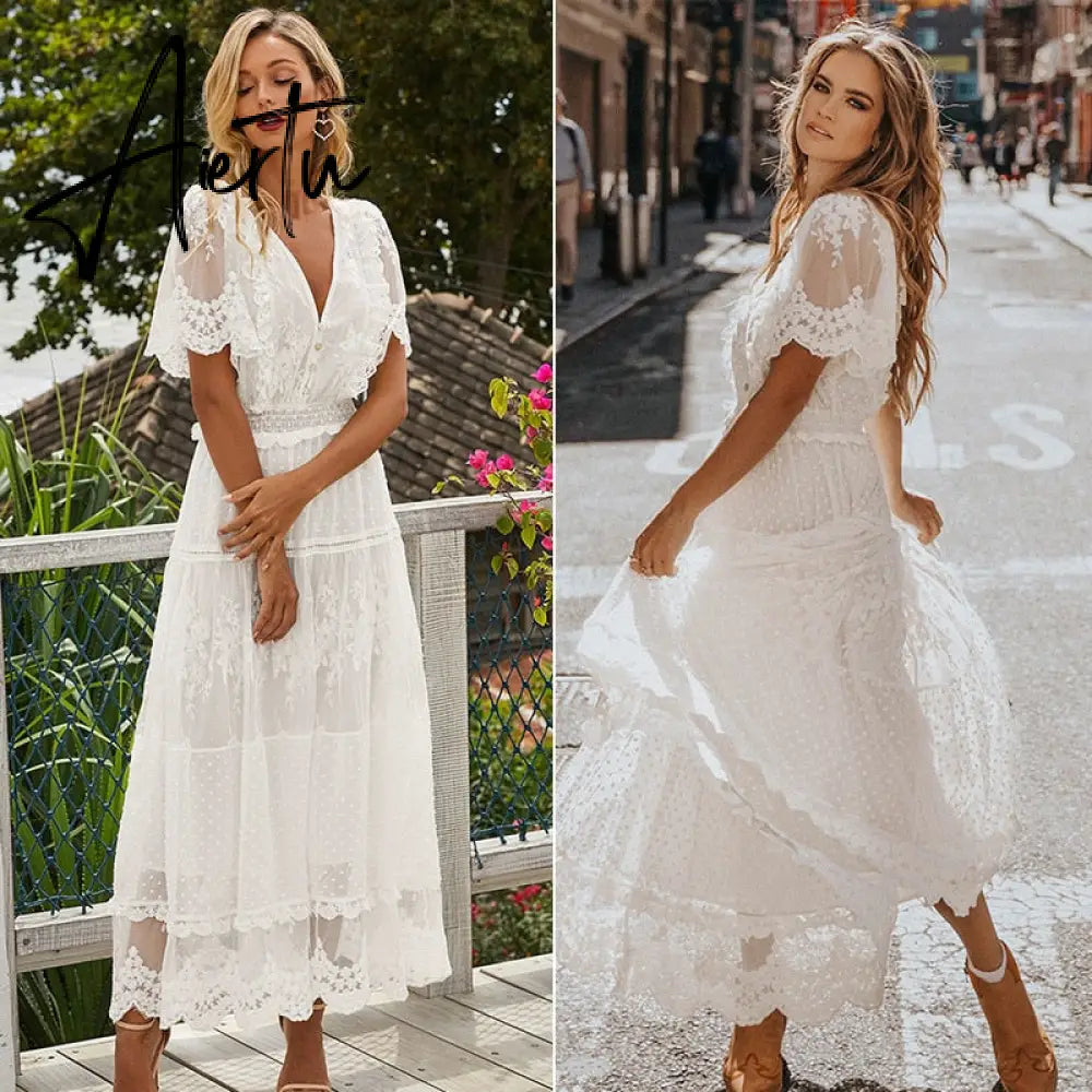 Hollow Out White Dress Sexy Women Long Lace Dress Cross Semi-Sheer Plunge V-Neck Short Sleeve Lace Maxi Dress Aiertu