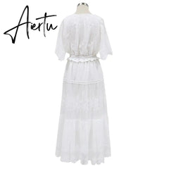 Hollow Out White Dress Sexy Women Long Lace Dress Cross Semi-Sheer Plunge V-Neck Short Sleeve Lace Maxi Dress Aiertu