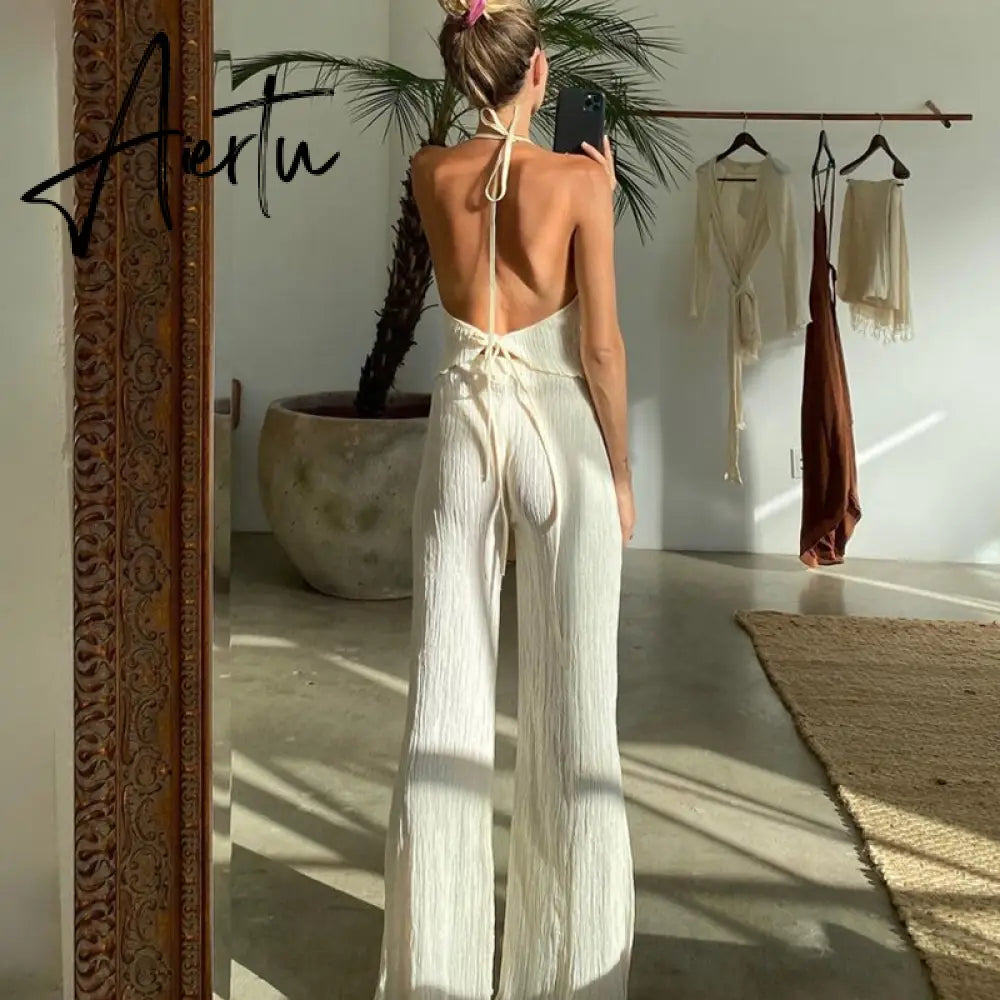 Home Wear Sexy Halter Backless Tank Top Set Woman 2 Piece Bodycon Beige Pleated Pants Set Elegant Skinny Slit Trouser Suits Aiertu