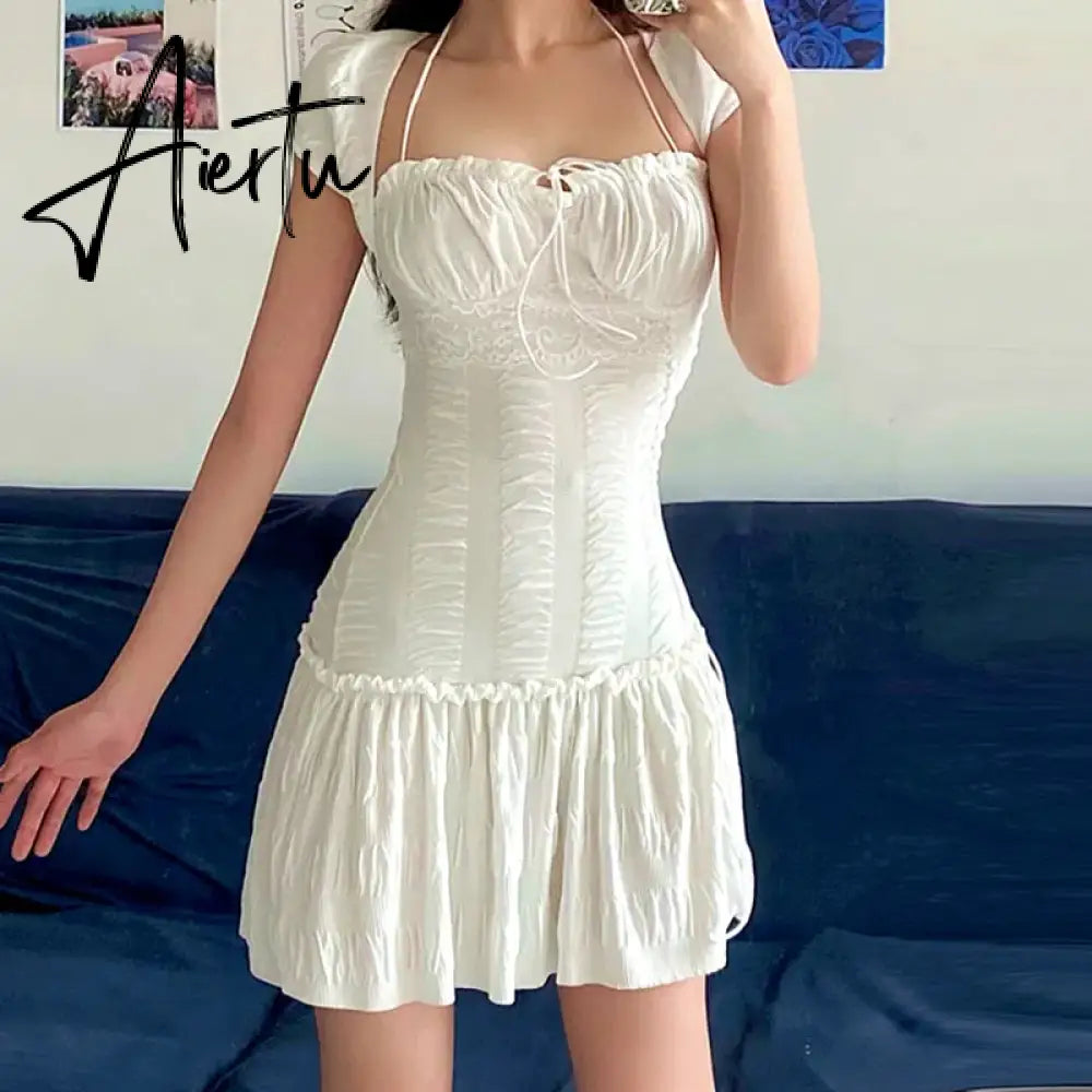 Hotsweet Dress Female Square Neck Halter Lace Up Patchwork Ruffle Draped Women's Skirt Summer Fashion New Aiertu