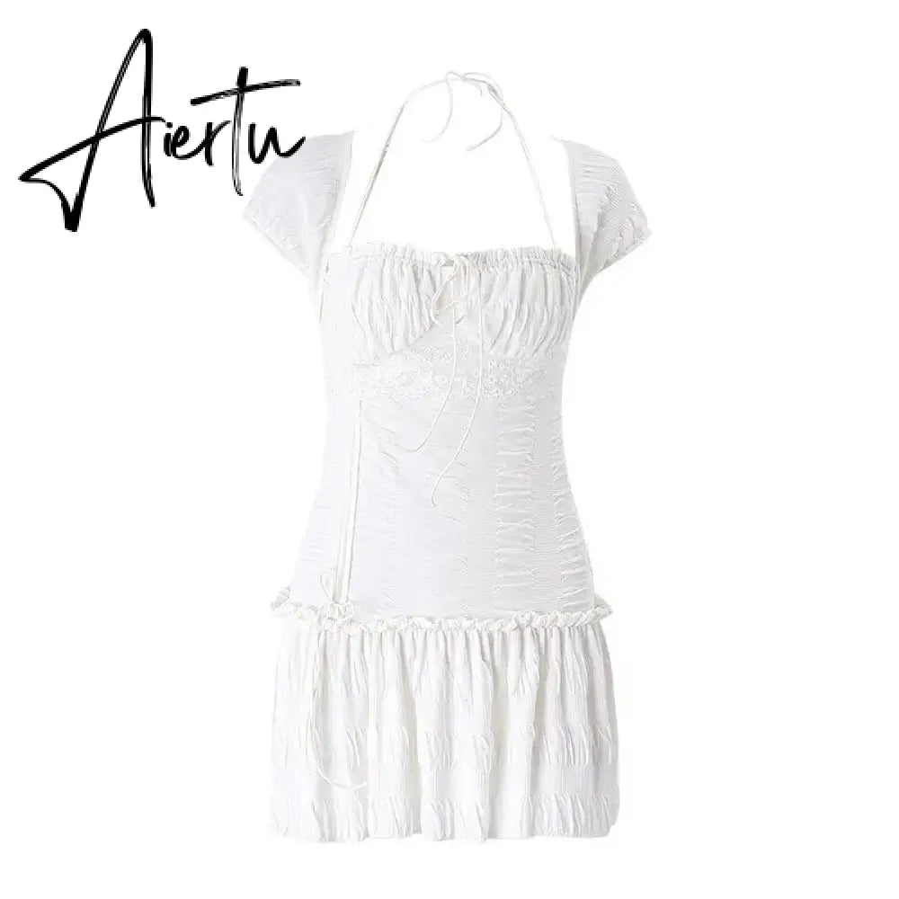 Hotsweet Dress Female Square Neck Halter Lace Up Patchwork Ruffle Draped Women's Skirt Summer Fashion New Aiertu