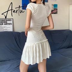 Hotsweet Dress Female Square Neck Halter Lace Up Patchwork Ruffle Draped Women's Skirt Summer Fashion New Aiertu