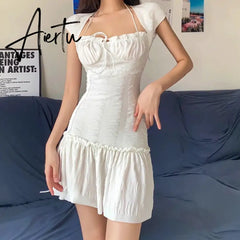 Hotsweet Dress Female Square Neck Halter Lace Up Patchwork Ruffle Draped Women's Skirt Summer Fashion New Aiertu