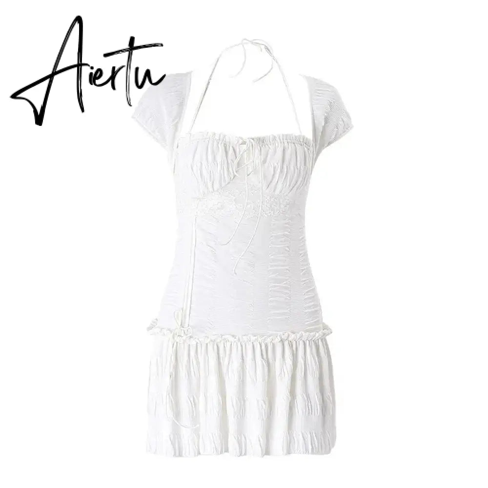 Hotsweet Dress Female Square Neck Halter Lace Up Patchwork Ruffle Draped Women's Skirt Summer Fashion New Aiertu