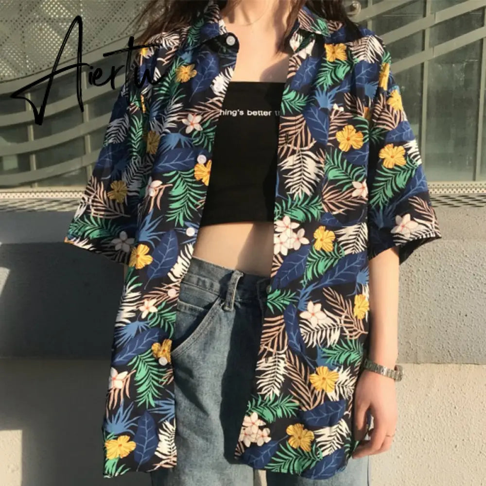 HOUZHOU Hawaiian Shirts Harajuku Vintage Women's Beach Shirt Button Up Cardigan Short Sleeve Chiffon Blouse Summer Top Aiertu