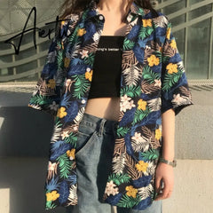 HOUZHOU Hawaiian Shirts Harajuku Vintage Women's Beach Shirt Button Up Cardigan Short Sleeve Chiffon Blouse Summer Top Aiertu