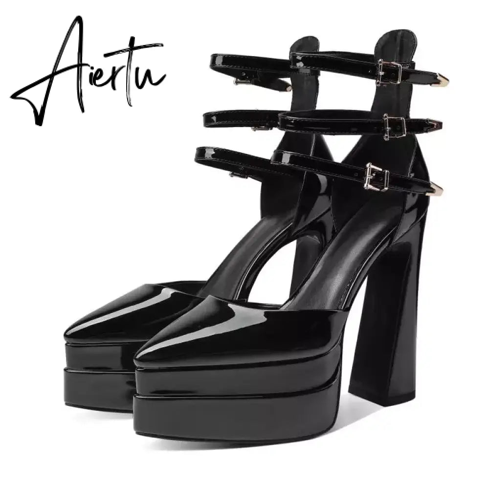 In the autumn of  the new pointed double-layer water table ultra-high heel shallow mouth Mary Jane women's shoes Aiertu