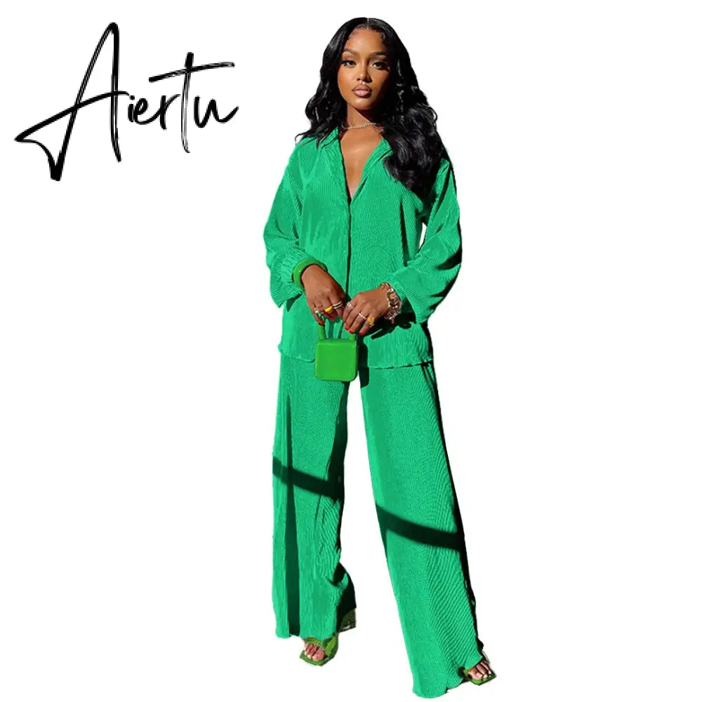 INS High-end Shirt Pleated Set Solid Sweet Loose Chiffon Office Lady Full Sleeve + Long Wide Leg Pants Women 2 Piece Set Aiertu