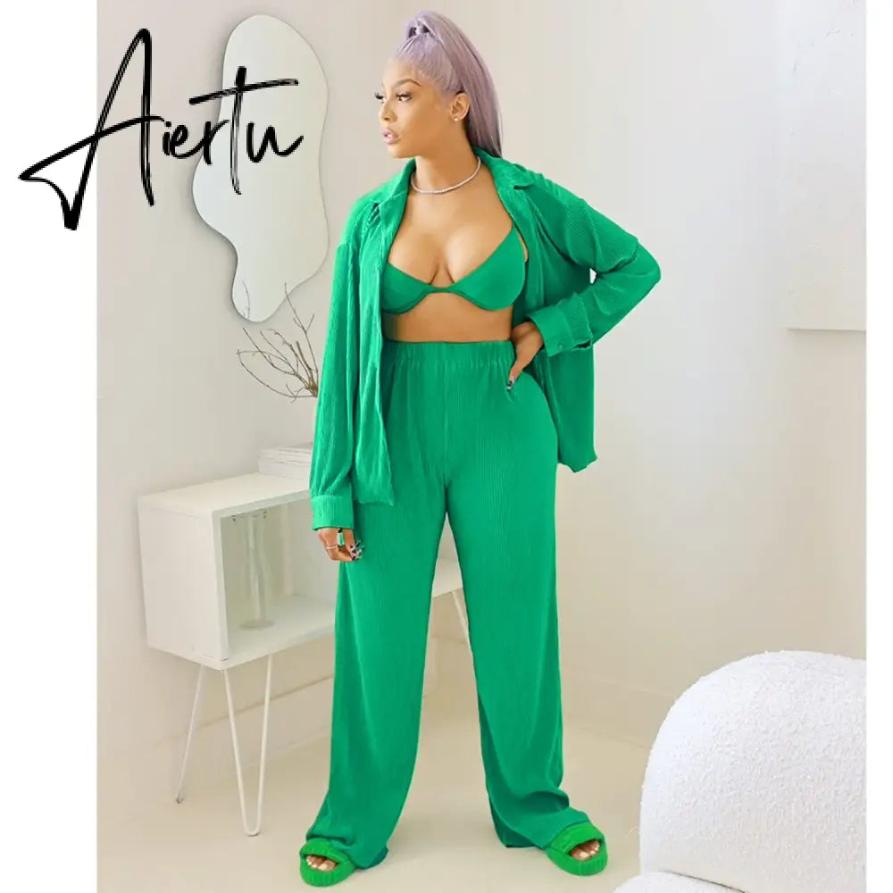 INS High-end Shirt Pleated Set Solid Sweet Loose Chiffon Office Lady Full Sleeve + Long Wide Leg Pants Women 2 Piece Set Aiertu