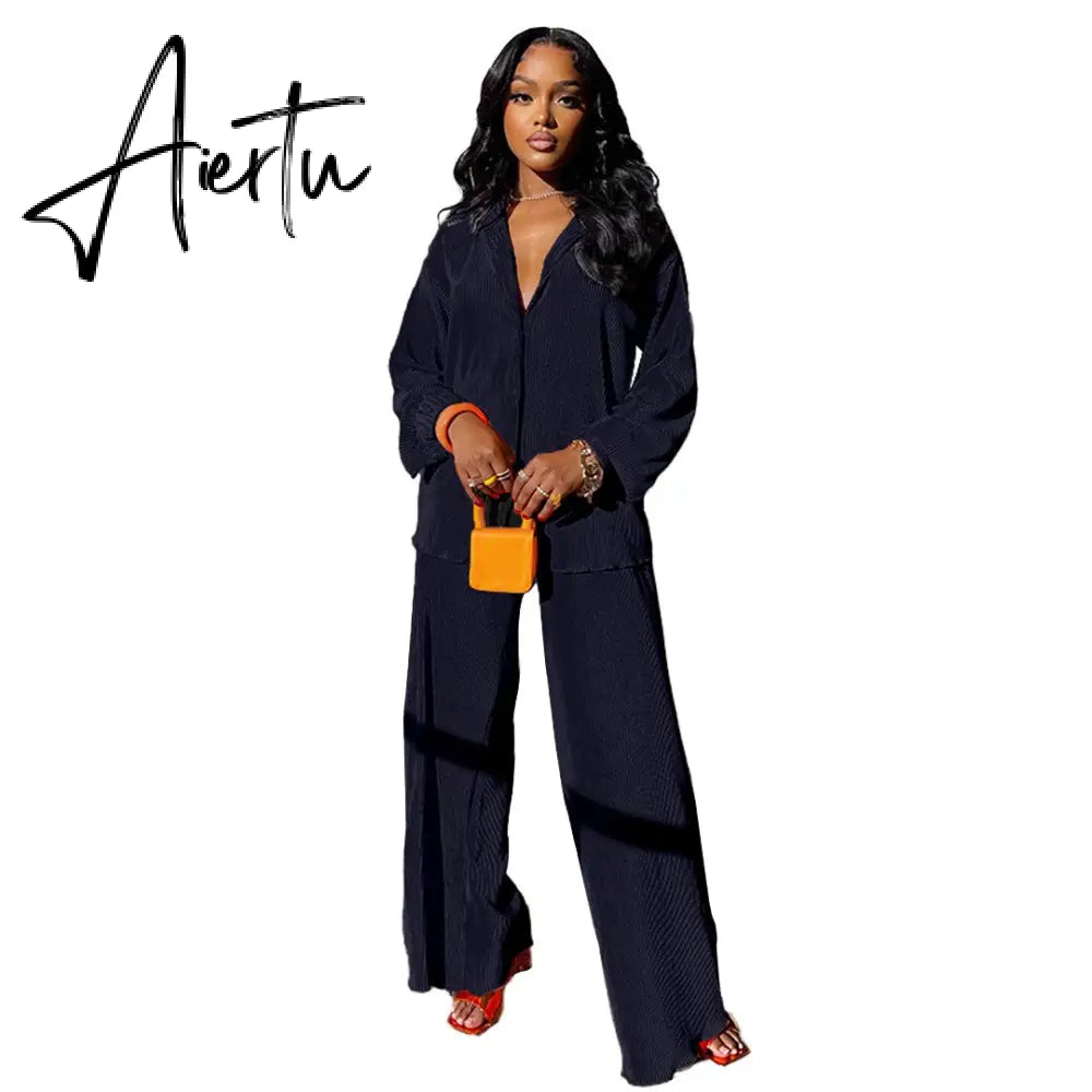 INS High-end Shirt Pleated Set Solid Sweet Loose Chiffon Office Lady Full Sleeve + Long Wide Leg Pants Women 2 Piece Set Aiertu