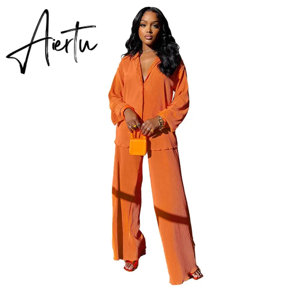 INS High-end Shirt Pleated Set Solid Sweet Loose Chiffon Office Lady Full Sleeve + Long Wide Leg Pants Women 2 Piece Set Aiertu