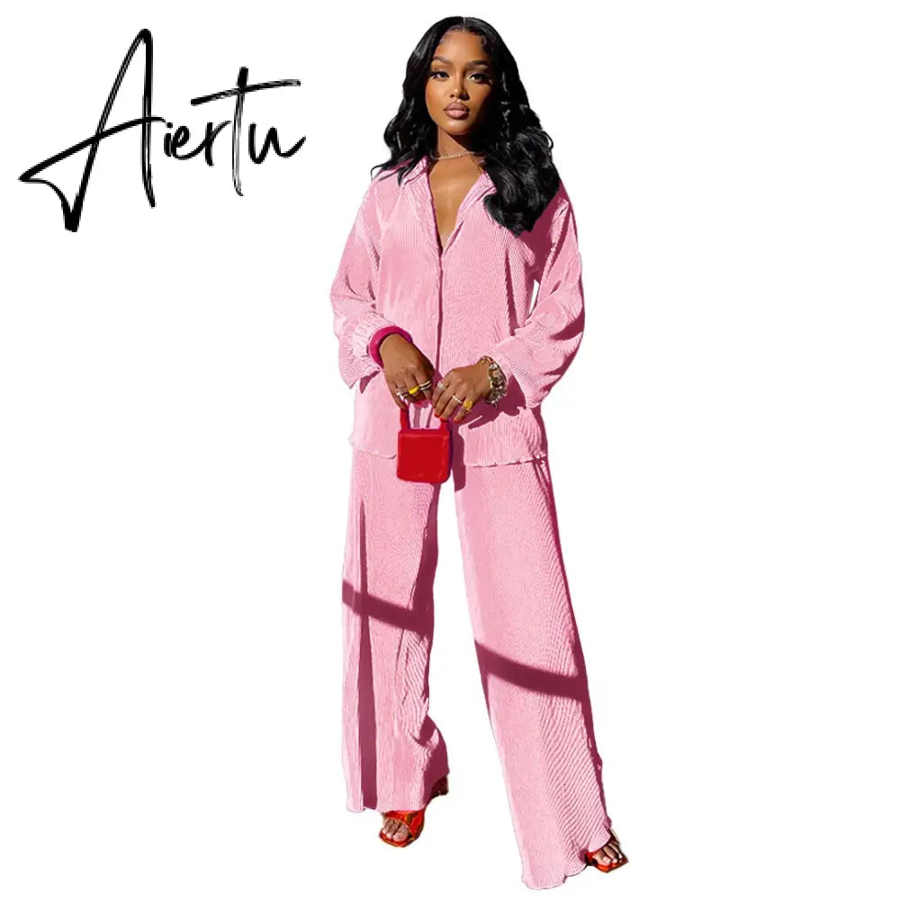 INS High-end Shirt Pleated Set Solid Sweet Loose Chiffon Office Lady Full Sleeve + Long Wide Leg Pants Women 2 Piece Set Aiertu