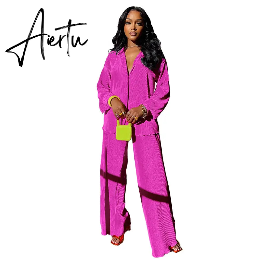 INS High-end Shirt Pleated Set Solid Sweet Loose Chiffon Office Lady Full Sleeve + Long Wide Leg Pants Women 2 Piece Set Aiertu