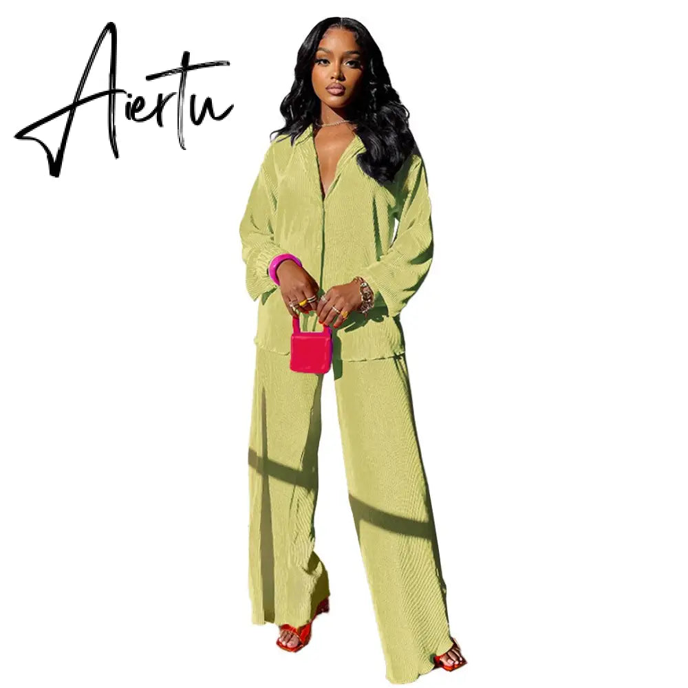 INS High-end Shirt Pleated Set Solid Sweet Loose Chiffon Office Lady Full Sleeve + Long Wide Leg Pants Women 2 Piece Set Aiertu